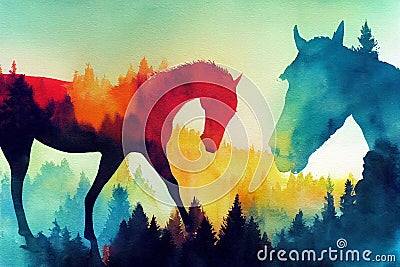 Abstract colorful horse background. ai generated. Horse watercolor double exposure background Stock Photo