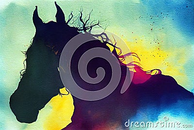 Abstract colorful horse background. ai generated. Horse watercolor double exposure background Stock Photo