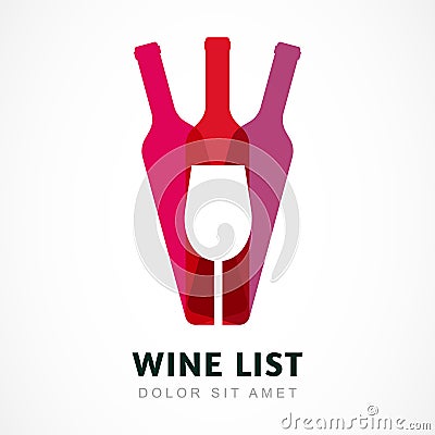 Abstract colorful logo design template. Wine bottle and glass vector icon. Concept for bar menu, party, alcohol Vector Illustration