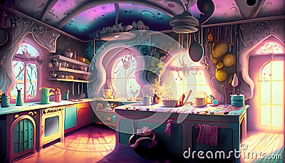 Abstract colorful magical kitchen room on digital art concept, Generative AI Stock Photo