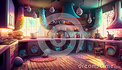 Abstract colorful magical kitchen room on digital art concept, Generative AI Stock Photo