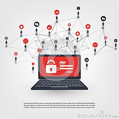 Network Vulnerability, Locked Device, Encrypted Files, Lost Documents, Ransomware Attack - Virus, Malware,Fraud, Spam, Phishing Vector Illustration