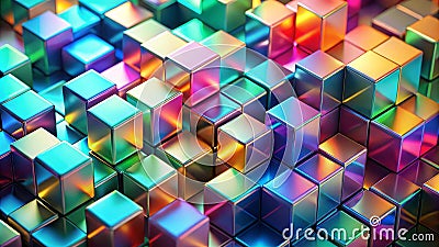 Abstract colorful metallic cube array a vibrant, iridescent composition of stacked, reflective blocks exhibiting a dynamic Stock Photo