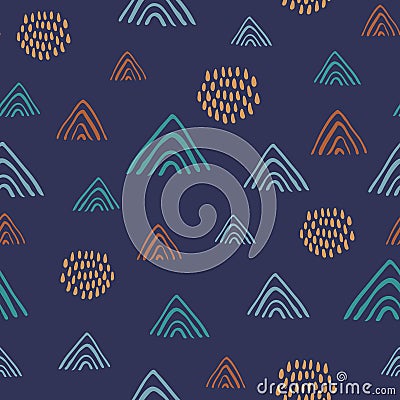 Abstract colorful naive doodle seamless vector pattern on navy blue background. Modern trendy art background with naive doodle Stock Photo