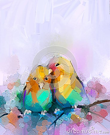 Abstract colorful oil, acrylic painting of bird and spring flower. Modern art paintings brush stroke on canvas. Stock Photo