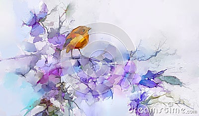 Abstract colorful oil, acrylic painting of bird and spring flower. Modern art paintings brush stroke on canvas. Stock Photo