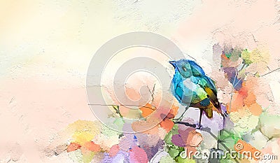 Abstract colorful oil, acrylic painting of bird and spring flower. Modern art paintings brush stroke on canvas Stock Photo