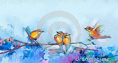 Abstract colorful oil, acrylic painting of bird and spring flower. Modern art paintings brush stroke on canvas. Illustration oil Stock Photo