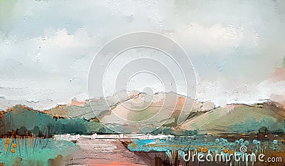 Abstract colorful oil painting on canvas. Semi abstract image of tree ,field, meadow. Landscape paintings background. Stock Photo