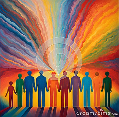 An abstract colorful oil painting featuring people of different races and ages standing in unity under a vibrant sky Stock Photo