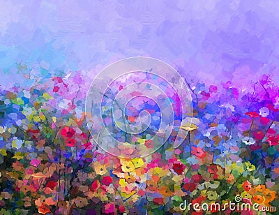 Abstract colorful oil painting purple cosmos flowe, daisy, wildflower in field Stock Photo