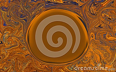 Abstract colorful orange and blue background with large round hole in center. Gold luxury frame on wall. Copy space. Circle. Stock Photo