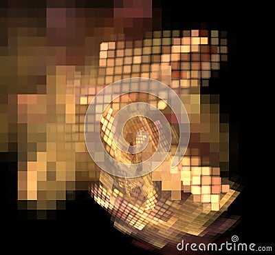 Abstract colorful orange and golden pixel fractal on black background. Fantasy fractal texture. Digital art. 3D rendering. Compute Stock Photo