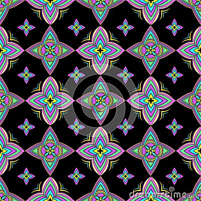 Abstract colorful ornament, oriental curve swirls seamless pattern with flowers and curl, openwork. Multicolored tracery on black Vector Illustration