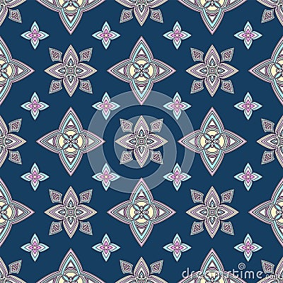 Abstract colorful ornament, oriental curve swirls seamless pattern with flowers and curl, openwork. Multicolored tracery on blue Vector Illustration