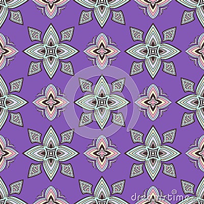 Abstract colorful ornament, oriental curve swirls seamless pattern with flowers and curl, openwork. Multicolored tracery on violet Vector Illustration
