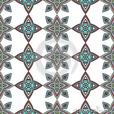 Abstract colorful ornament, oriental curve swirls seamless pattern with flowers and curl, openwork. Multicolored tracery on white Vector Illustration