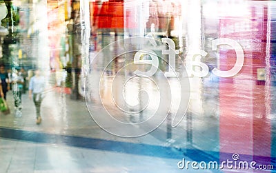 Abstract colorful and pastel people walk at front coffee shop and text cafe flip in back of mirror, soft and blur concept Stock Photo