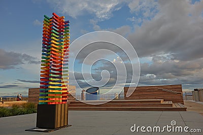 Abstract colorful sculpture Lake Terrace Taupo in evening light Editorial Stock Photo