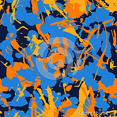 Abstract colorful seamless camouflage pattern with paint strokes and splashes elements for textile. Modern grunge background Vector Illustration