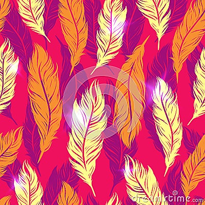 Abstract colorful seamless pattern with yellow feathers symbols Vector Illustration