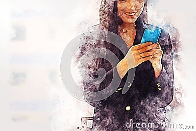 Abstract colorful shape beautiful business woman smile portrait and working mobile phone on watercolor illustration painting. Cartoon Illustration