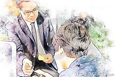 Business persons meeting and happy working job in the office on watercolor illustration painting background. Cartoon Illustration