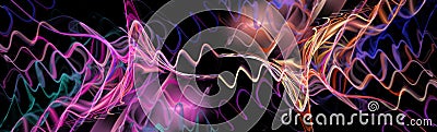 Abstract colorful sinusoidal signals pass over a black background. Abstract fractal background. 3d Cartoon Illustration