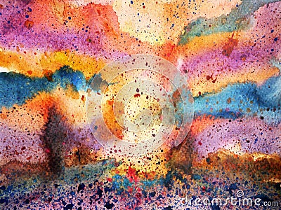 Abstract colorful sky splash watercolor painting landscape Cartoon Illustration