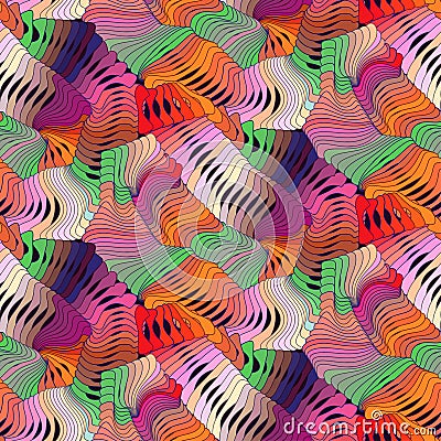 Abstract colorful vector seamless moire pattern with waving circle lines. Rainbow ornament in 70s style Vector Illustration