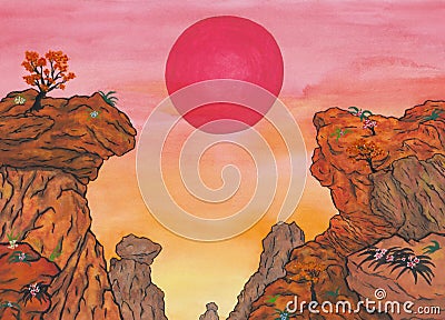 Chinese mountain range with rising red sun and trees and flowers Cartoon Illustration