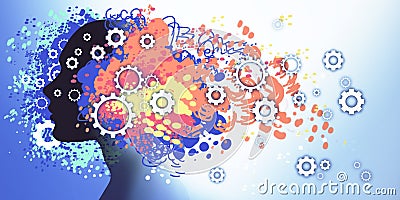 Abstract colorful wide image of head outline with gears sketch on white backdrop. Art, brain and solution concept. Stock Photo