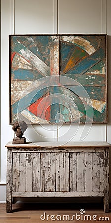 Abstract Colorist Sculpture: Vintage Barn Wood Sign With Distressed Print Stock Photo