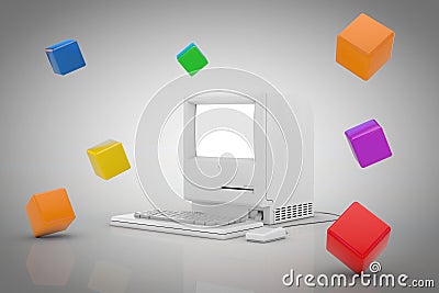 Abstract Colour Boxes Around Retro Personal Computer. 3d Rendering Stock Photo