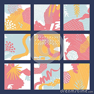 Abstract colourful collage backgrounds set. Hand drawn templates for card, flyer and invitation design. Vector Illustration