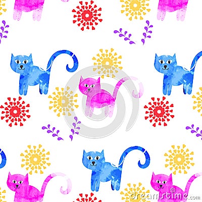 Abstract colorful cats seamless pattern. It is located in swatch menu, vector illustration. Mixed media design Vector Illustration