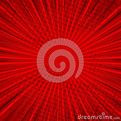 Abstract comic red background for style pop art design. Retro burst template backdrop. Light rays effect. Vector Illustration