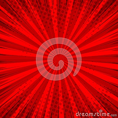 Abstract comic red background for style pop art design. Retro burst template backdrop. Light rays effect. Vector Illustration