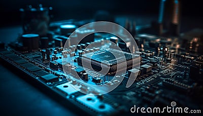 Abstract complexity of computer equipment circuit board, CPU, resistor generated by AI Stock Photo