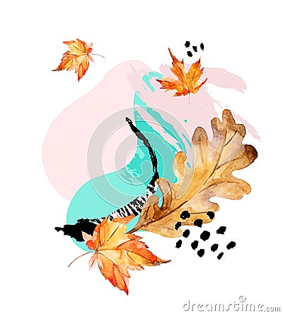 Abstract composition of autumn oak, maple leaves, fluid shapes, minimal grunge element, doodle Cartoon Illustration