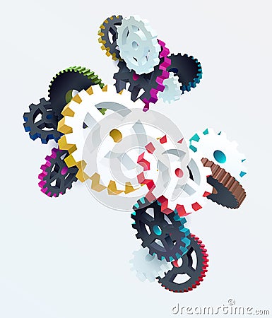 Abstract composition of colored gears on white background Vector Illustration