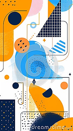 Abstract composition with dynamic shapes and patterns in blue, orange, and cream. Application: Graphic design Stock Photo