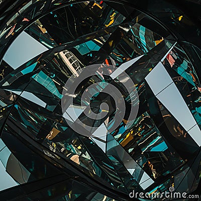 Abstract composition featuring a complex array of fragmented, reflective surfaces, Stock Photo