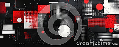 Abstract composition of geometric shapes on a black background with red and white elements creating a modern, dynamic Stock Photo