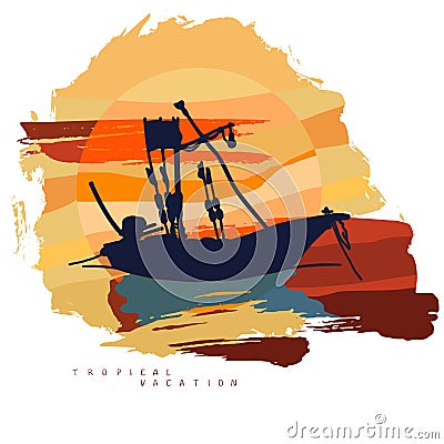 Abstract composition with the silhouette of a fishing boat against the background of a large sun with clouds. Vector Illustration