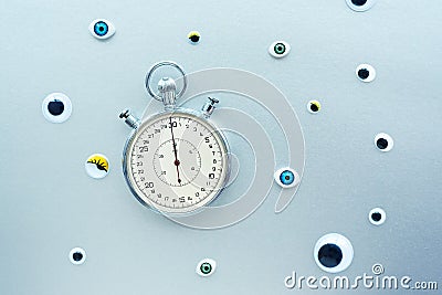 Abstract composition with stopwatch and eyes. Create conceptual with Time, Deadlines, Stress, Aging Cartoon Illustration