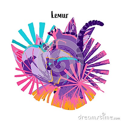 Abstract composition with three wild lemurs sitting among the exotic palm leaves. Vector Illustration