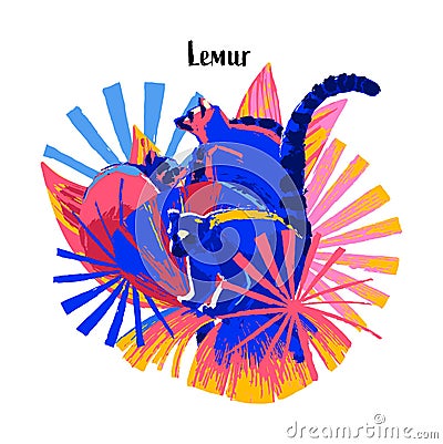 Abstract composition with three wild lemurs sitting among the exotic palm leaves. Vector Illustration