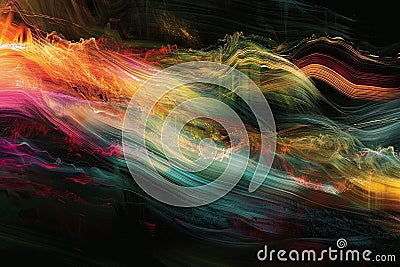 Abstract computergenerated image of a colorful glowing wave in a dark sky Stock Photo