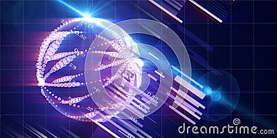 Abstract concept of analysis spherical array data. Big data. Glowing sphere with blurred lines and lens effects. Banner for Stock Photo